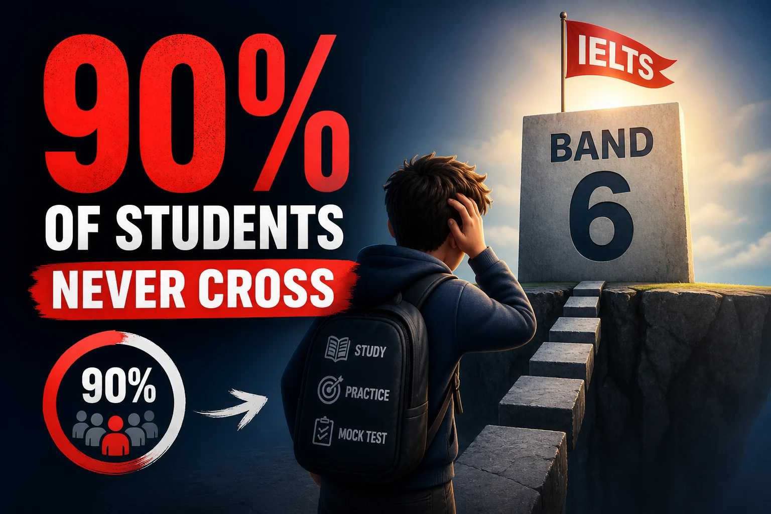 Frustrated IELTS student at desk with exam papers and a Band 6 score sheet