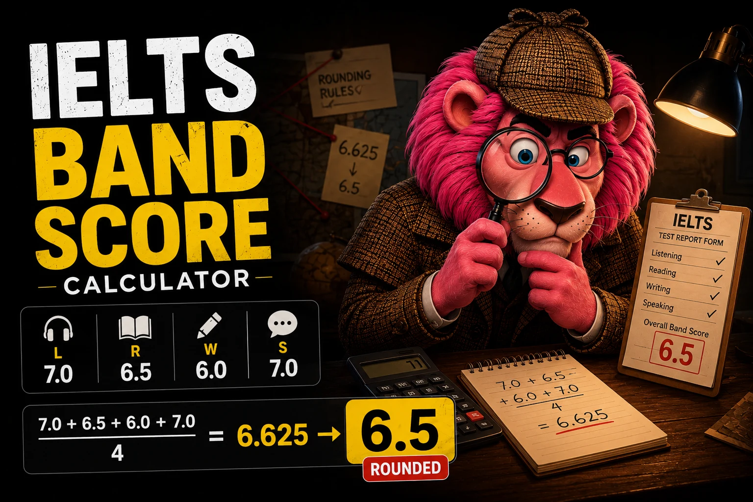 IELTS band score calculator illustration with module scores feeding into an overall band
