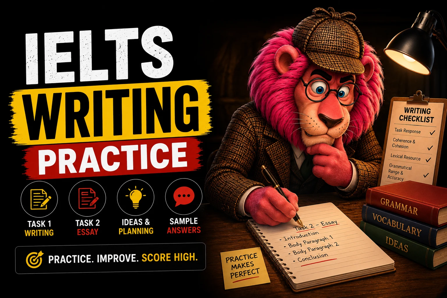 IELTS writing task types shown as Task 1 charts and Task 2 essay planning cards