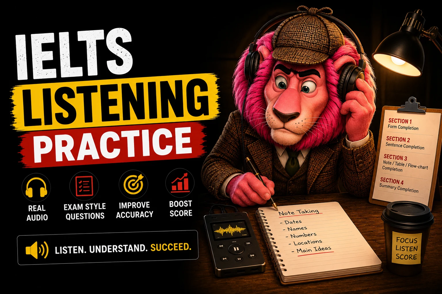 IELTS Listening question types overview showing form completion, multiple choice, matching, and map labelling examples