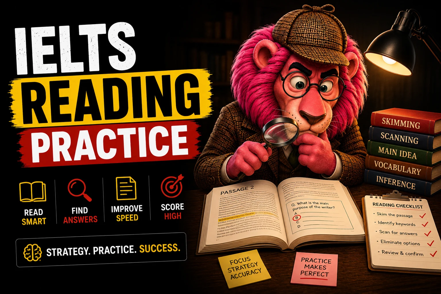 IELTS reading question types arranged around a passage analysis diagram