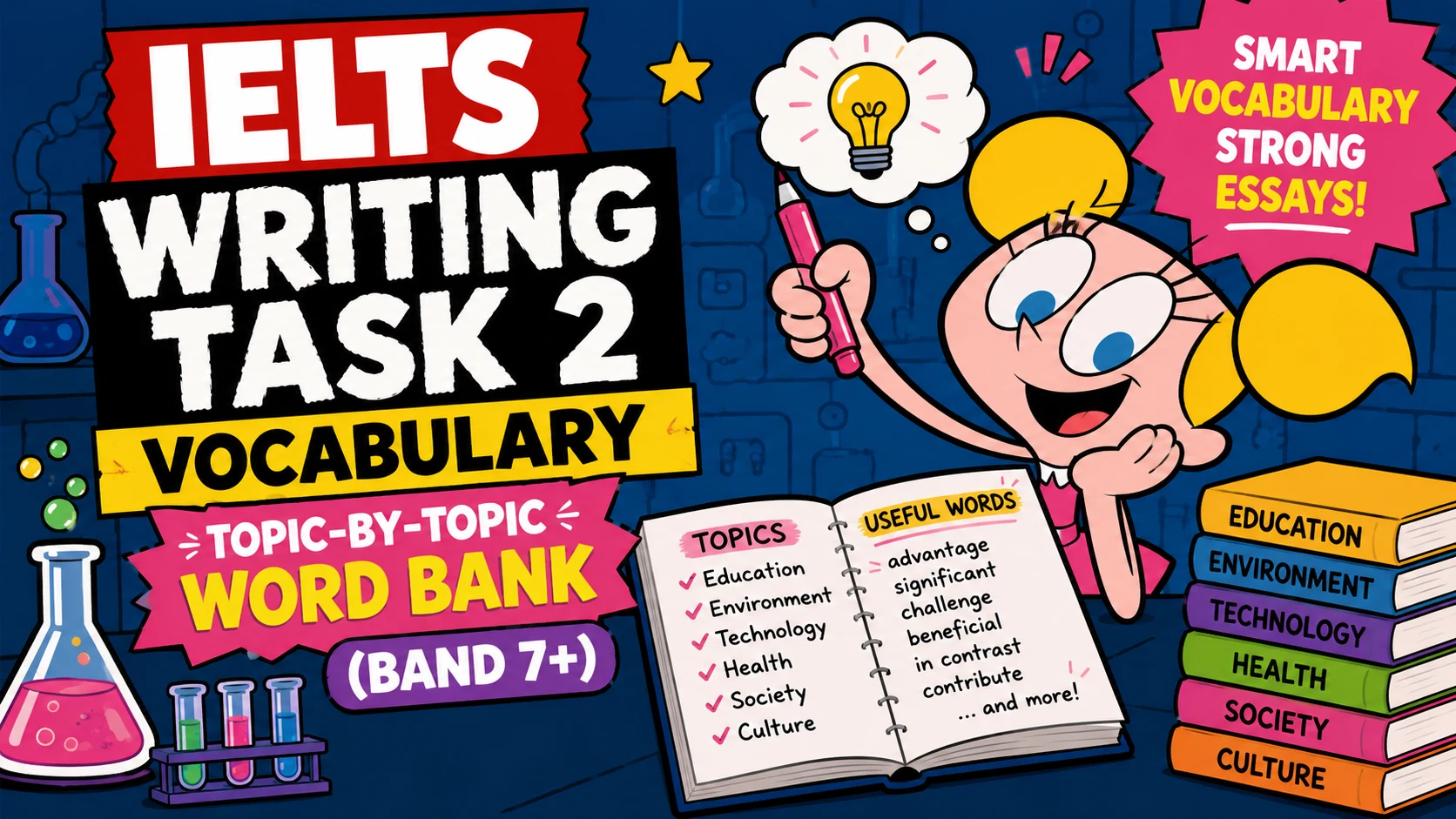 IELTS Writing Task 2 vocabulary guide showing topic-specific word banks for technology, education, and environment essays
