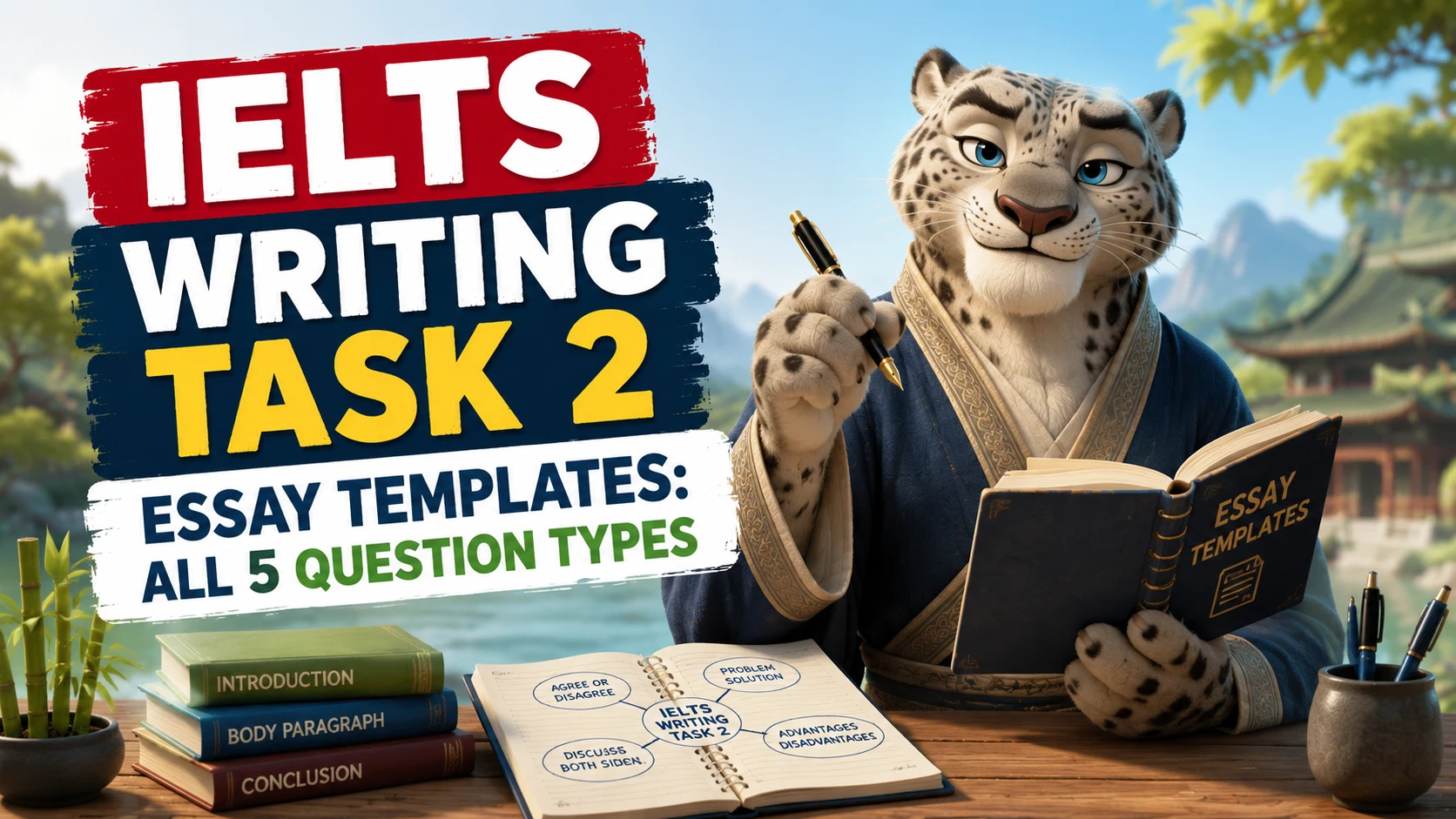 IELTS Writing Task 2 essay template showing four-paragraph structure with labelled sections for all five question types
