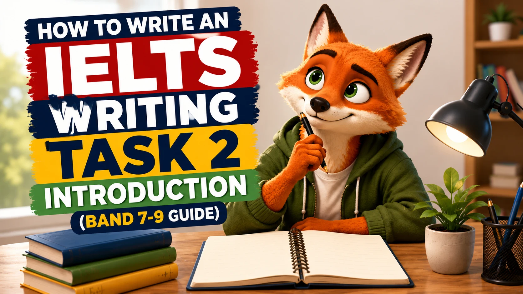 IELTS Writing Task 2 introduction guide showing paraphrase technique and thesis statement structure with band 5 vs band 8 examples