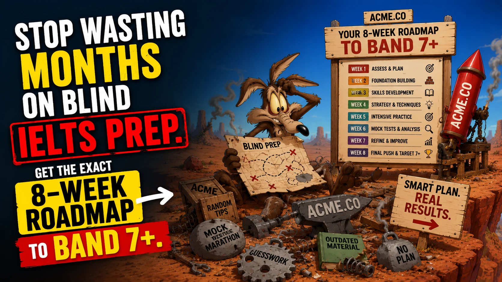 Illustrated IELTS preparation roadmap with study milestones and practice blocks