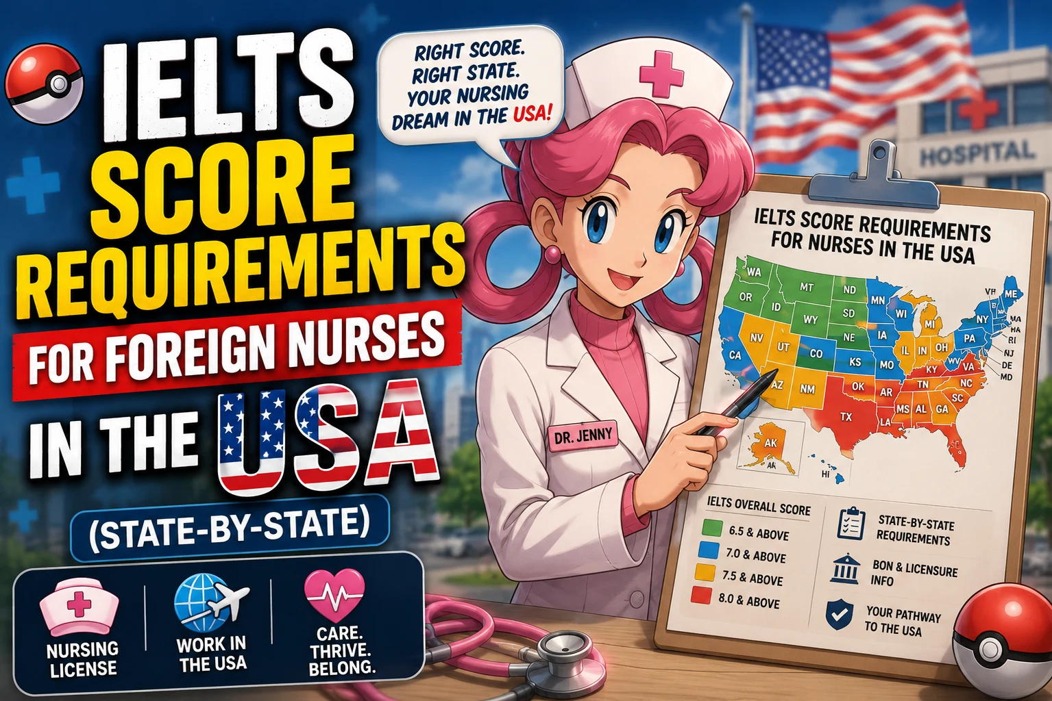 Foreign nurse reviewing IELTS score requirements for US state nursing boards and CGFNS VisaScreen