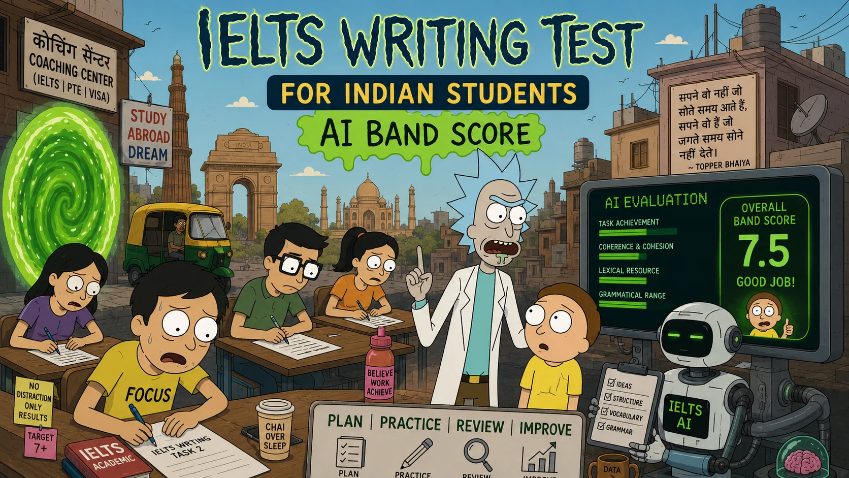 IELTS writing task types shown as Task 1 charts and Task 2 essay planning cards